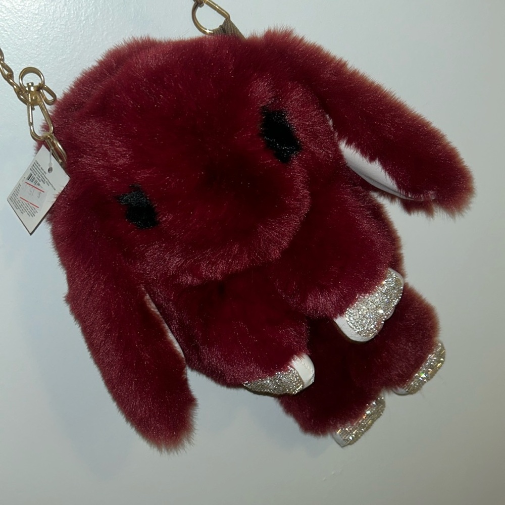 SOFT CUTE FAUX FUR BUNNY BACKPACK/ PURSE - BURGUNDY WITH GOLD CHAIN